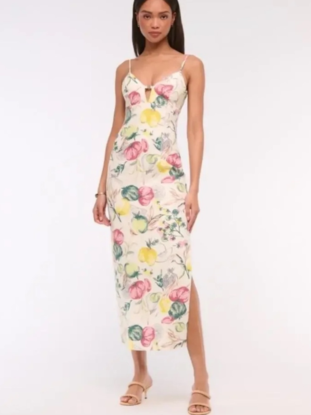 Abercrombie & Fitch Cream Floral Slip Midi Dress with Pink & Yellow Blooms - Picture 4 of 13